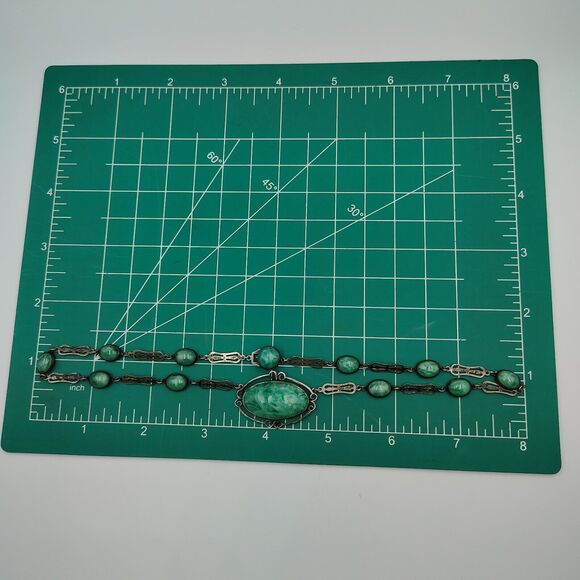 Vintage Sterling Silver 925 Green Pekin Glass Art Deco Necklace 16" - Picture 15 of 16